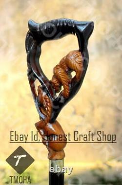 Cat Style Wooden Walking Stick Cat Head Handle Walking Cane Hand Carved