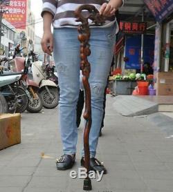 China Boxwood wood carve longevity peach Dragon Crutch Cane Walking stick statue