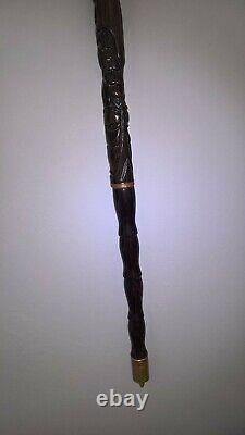 Chinese carved hardwood dragon walking stick with brass base lovely item