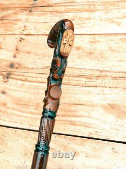 Christian Cross Wooden Walking Stick Cane Wood carved crafted crook handle