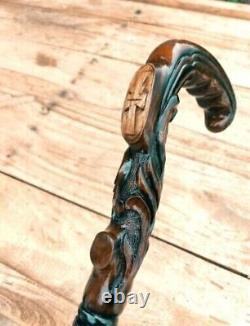 Christian Cross Wooden Walking Stick Cane Wood carved crafted crook handle Pil