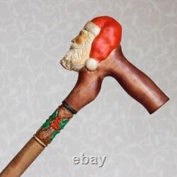 Christmas cane with Santa Hand carved handle and shaft Custom walking cane Hand