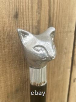 Chrome Cat Head Walking Stick Cane Vintage Carved Design Wood Handle Rare Unique