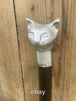 Chrome Cat Head Walking Stick Cane Vintage Carved Design Wood Handle Rare Unique
