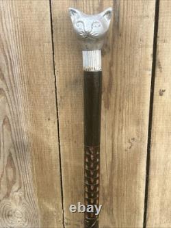 Chrome Cat Head Walking Stick Cane Vintage Carved Design Wood Handle Rare Unique