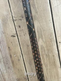 Chrome Cat Head Walking Stick Cane Vintage Carved Design Wood Handle Rare Unique