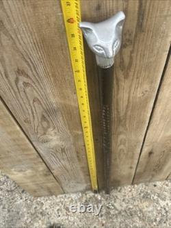 Chrome Cat Head Walking Stick Cane Vintage Carved Design Wood Handle Rare Unique