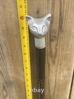 Chrome Cat Head Walking Stick Cane Vintage Carved Design Wood Handle Rare Unique
