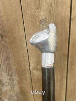 Chrome Cat Head Walking Stick Cane Vintage Carved Design Wood Handle Rare Unique