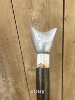 Chrome Cat Head Walking Stick Cane Vintage Carved Design Wood Handle Rare Unique