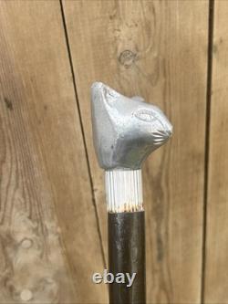 Chrome Cat Head Walking Stick Cane Vintage Carved Design Wood Handle Rare Unique