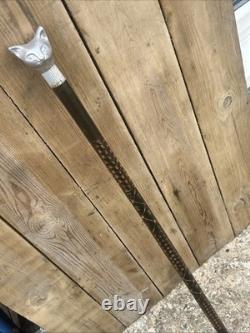 Chrome Cat Head Walking Stick Cane Vintage Carved Design Wood Handle Rare Unique