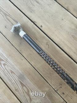 Chrome Cat Head Walking Stick Cane Vintage Carved Design Wood Handle Rare Unique