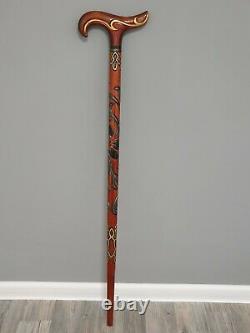 Classic t-shaped handle wood walking stick (cane), handmade, hand carved