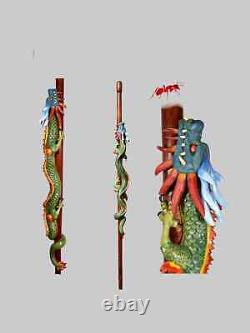 Climbing chinese dragon walking staff sculpture, wood carved cane and walking