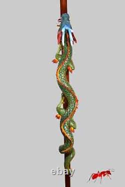 Climbing chinese dragon walking staff sculpture, wood carved cane and walking