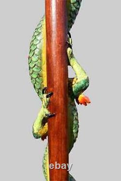 Climbing chinese dragon walking staff sculpture, wood carved cane and walking