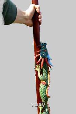 Climbing chinese dragon walking staff sculpture, wood carved cane and walking