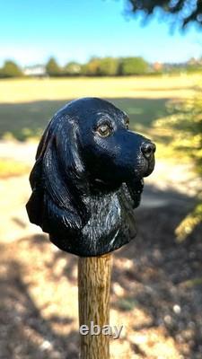 Cocker spaniel black hand carved & painted country walking stick alder/holly