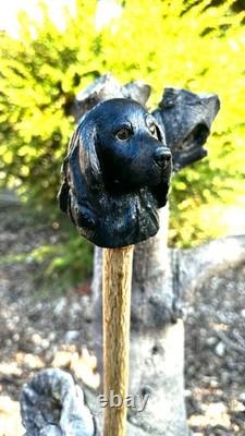 Cocker spaniel black hand carved & painted country walking stick alder/holly