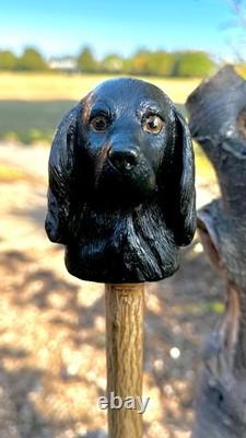 Cocker spaniel black hand carved & painted country walking stick alder/holly