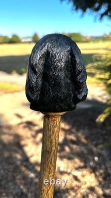 Cocker spaniel black hand carved & painted country walking stick alder/holly