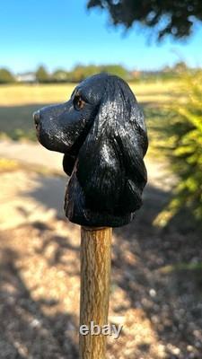 Cocker spaniel black hand carved & painted country walking stick alder/holly