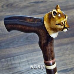 Cougar Cane Walking Stick Wood Wooden Cane Hand carved Carving Handmade