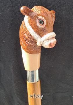 Cow Design Wooden Walking Stick Hand-Carved Ash Wood Cane