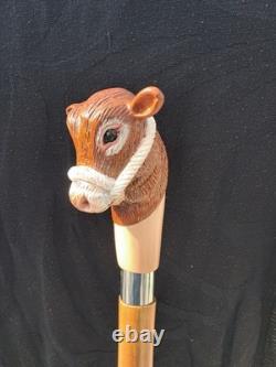 Cow Design Wooden Walking Stick Hand-Carved Ash Wood Cane