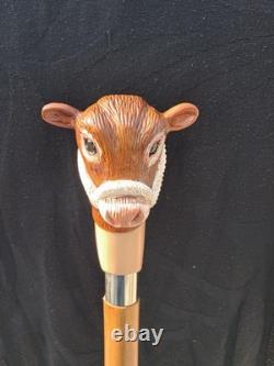 Cow Design Wooden Walking Stick Hand-Carved Ash Wood Cane
