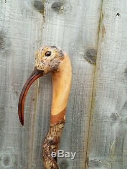 Curlew head carved by hand on spectacular hazel twister walking beating stick