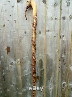 Curlew head carved by hand on spectacular hazel twister walking beating stick