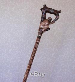Custom walking cane Monkey wooden cane Hand carved handle and shaft Hiking stick