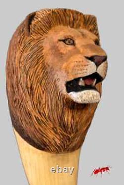 Custom wood walking stick realistic lion head wood, wildlife hand carved