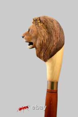 Custom wood walking stick realistic lion head wood, wildlife hand carved