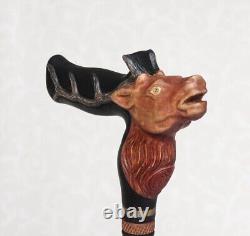 Deer wooden cane Hand carved handle and staff Style walking stick Wood deer head