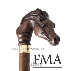 Designer Art Wooden Cane Walking Stick Horse Animal Wood Carved Head