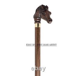 Designer Art Wooden Cane Walking Stick Horse Animal Wood Carved Head