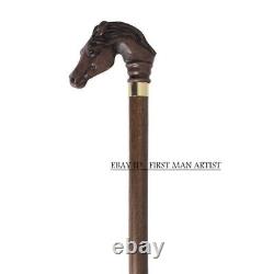 Designer Art Wooden Cane Walking Stick Horse Animal Wood Carved Head