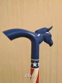 Donkey head wooden walking stick hand carved walking cane USA flag style gifts