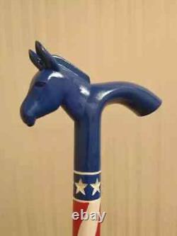 Donkey head wooden walking stick hand carved walking cane USA flag style gifts