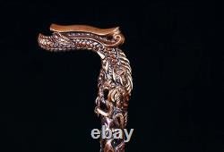 Dragon CANE Dark Wooden Walking Stick Hand Carved Wood Crafted walking