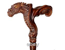 Dragon Cane wooden walking stick ergonomic palm grip handle, wood carved fanta