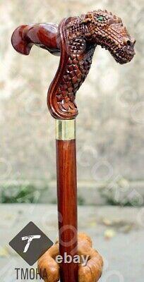 Dragon Handle Walking Stick Wooden Hand Carved Dragon Walking Cane Best Gift B3