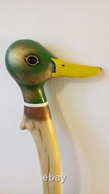 Duck Handle Walking stick, Hand carved wooden Mallard