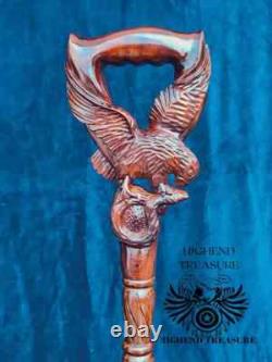 Dynamic Serenity Handcrafted Wooden Carved Cane with Eagle and Snake Motif Best