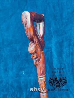 Dynamic Serenity Handcrafted Wooden Carved Cane with Eagle and Snake Motif Best