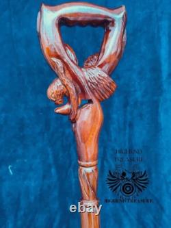 Dynamic Serenity Handcrafted Wooden Carved Cane with Eagle and Snake Motif Best