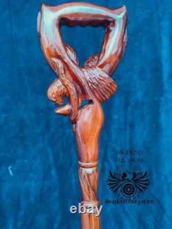 Dynamic Serenity Handcrafted Wooden Carved Cane with Eagle and Snake Motif Best